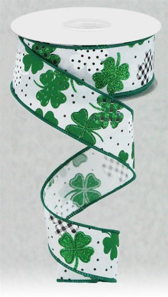 1.5" Patterned Shamrocks: White, Green, Emerald, Black (10 Yards) RGC187627 - White Bayou Wreaths & Supply