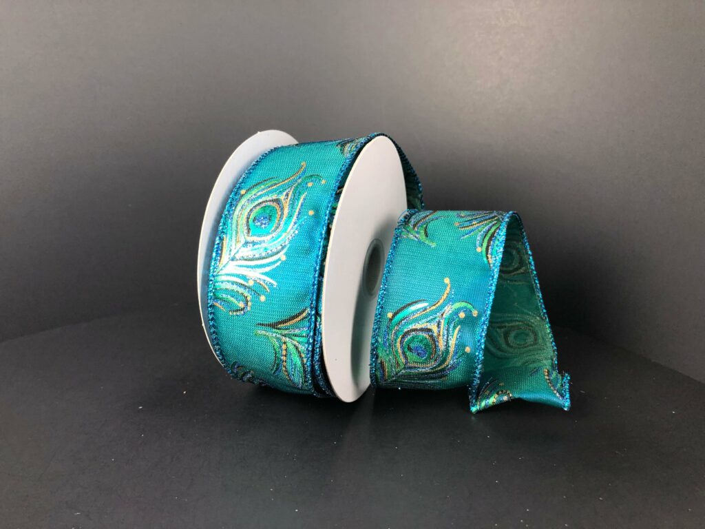 1.5" Peacock Metallic Feathers Ribbon: Teal, Blue (10 Yards) 72240 - 09 - 33 - White Bayou Wreaths & Supply