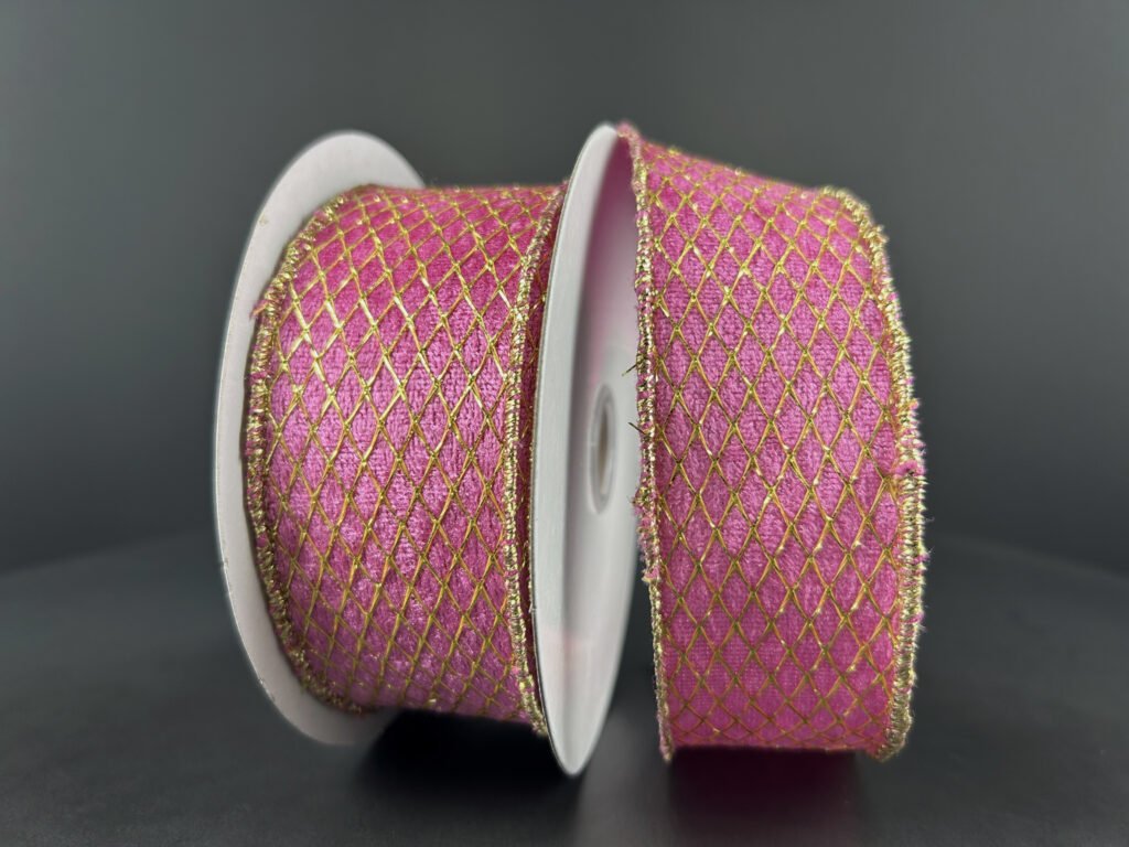 1.5" Pink Velvet w/ Gold Net Overlay Ribbon (10 Yards) 78489 - 09 - 28 - White Bayou Wreaths & Supply