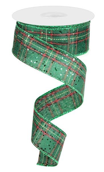 1.5" Plaid W/Hex Glitter: Emerald Green, Red (10 Yards) RGE1275 - White Bayou Wreaths & Supply