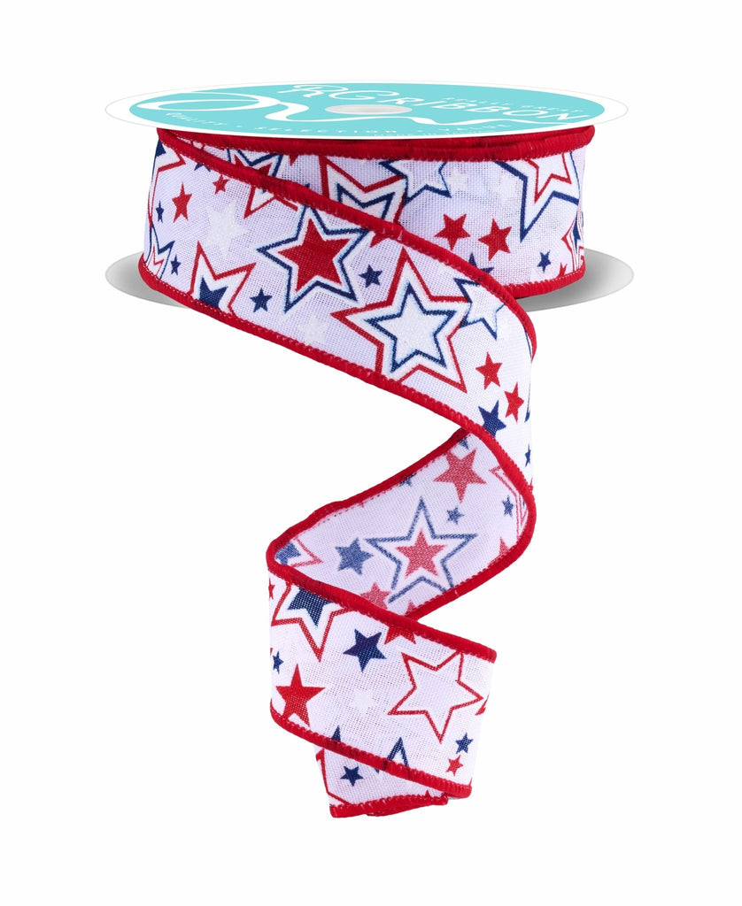 1.5" Printed Stars w/Glitter: Red, White, Blue (10 Yards) RGF157927 - White Bayou Wreaths & Supply