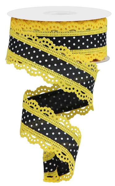 1.5" Raised Swiss Dots w/Lace: Black, Yellow (10 Yards) RG08869CJ - White Bayou Wreaths & Supply