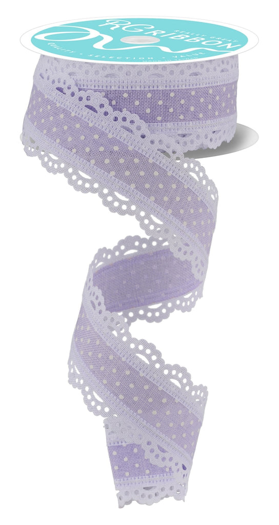 1.5" Raised Swiss Dots w/Lace: Light Lavender, White (10 Yards) RG08869NR - White Bayou Wreaths & Supply