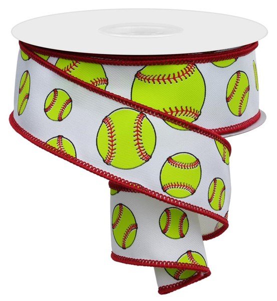 1.5" Softball Ribbon: White, Red, Yellow (10 Yards) RGA172127 - White Bayou Wreaths & Supply