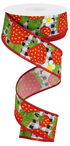 1.5" Strawberries On Check: Black, White, Red (10Yards) RGA1782X6 - White Bayou Wreaths & Supply