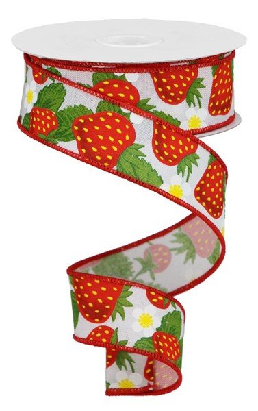 1.5" Strawberries On Royal: White, Yellow, Red, Green (10 Yards) RGA118327 - White Bayou Wreaths & Supply