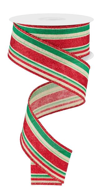 1.5" Vertical Stripe: Light Natural, Mint, Jade, Red (10 Yards) RGE1821YR - White Bayou Wreaths & Supply