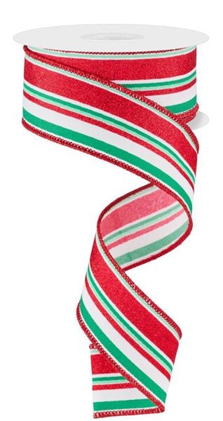 1.5" Vertical Stripe: White, Mint, Jade, Red (10 Yards) RGE1821AN - White Bayou Wreaths & Supply