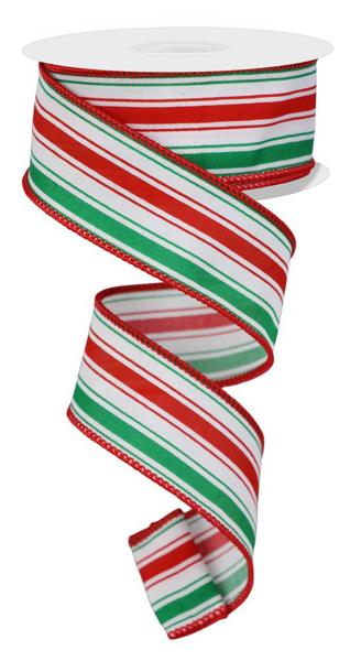 1.5" Vertical Stripe: White, Red, Emerald (10 Yards) RGE19563K - White Bayou Wreaths & Supply