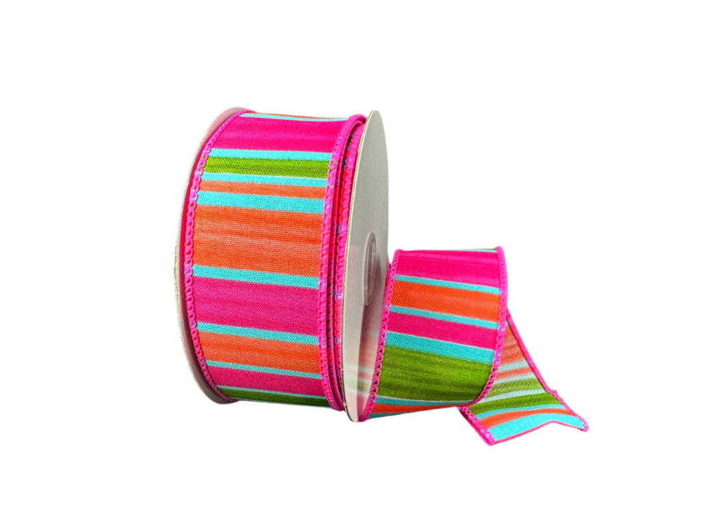 1.5" Watercolor Horizontal Stripes: Fuchsia, Orange, Lime (10 Yards) 41509 - 09 - 46 - White Bayou Wreaths & Supply