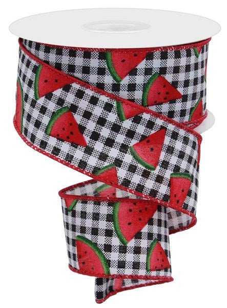 1.5" Watermelon Slice/Gingham: Black, White, Red, Green (10 Yards) RGE1062 - White Bayou Wreaths & Supply