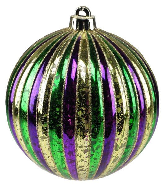 150mm Antique Look Vertical Stripe Ball: Mardi Gras - XH9362GT - White Bayou Wreaths & Supply