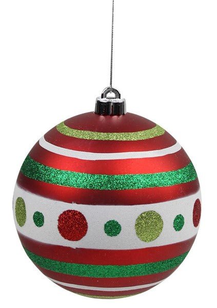 150mm Polka Dot / Stripe Ball Ornament: Matte Red, Lime, Emerald - XY9247TH - White Bayou Wreaths & Supply