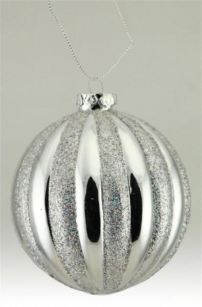 150mm Vertical Stripe Ball Ornament: Shiny Silver, Laser Silver - XJ834826 - White Bayou Wreaths & Supply