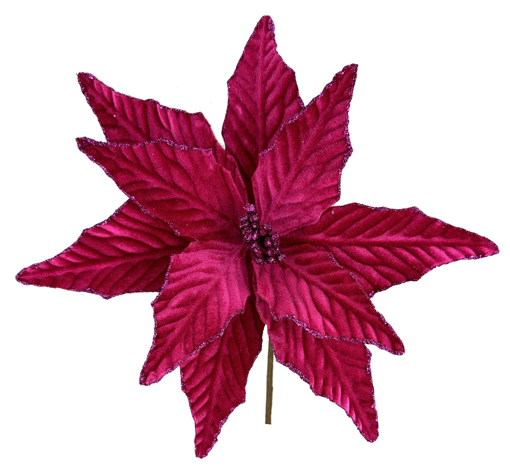 15"H x 12"W Velvet Poinsettia Pick: Fuchsia - 85517BT - White Bayou Wreaths & Supply