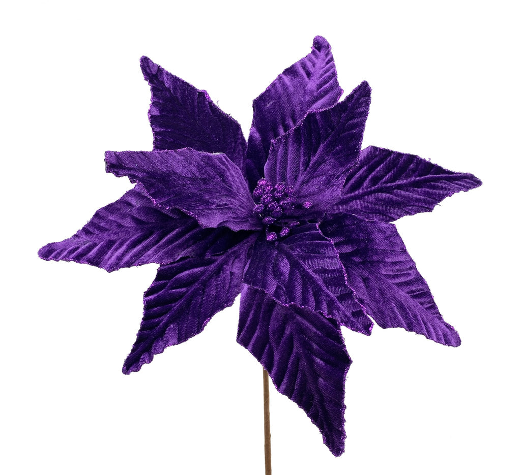 15"H x 12"W Velvet Poinsettia Pick: Purple - 85517DKPU - White Bayou Wreaths & Supply