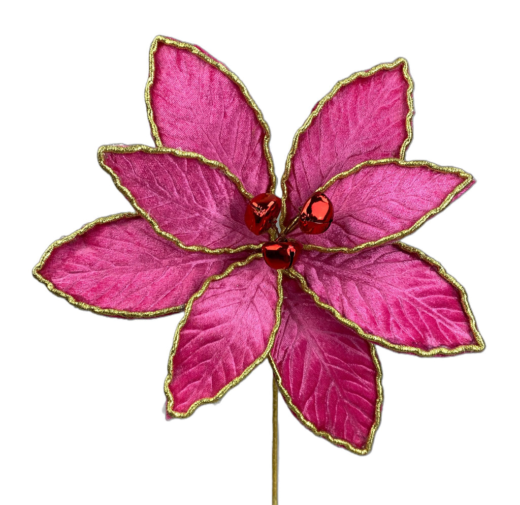 15"H x 9" Dia Velvet Poinsettia Pick: Hot Pink, Gold - 85739BT - White Bayou Wreaths & Supply