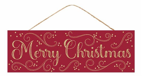 15"L x 5"H Glitter Merry Christmas/Swirls Sign: Red, Gold - AP787224 - White Bayou Wreaths & Supply