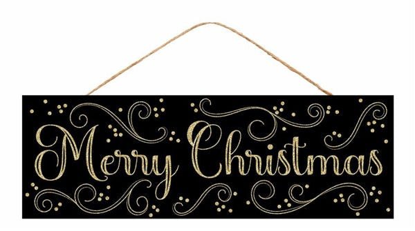 15"L x 5"H Merry Christmas/Swirls Sign: Black, Gold - AP787202 - White Bayou Wreaths & Supply