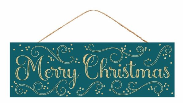 15"L x 5"H Merry Christmas/Swirls Sign: Dark Teal, Gold - AP787265 - White Bayou Wreaths & Supply