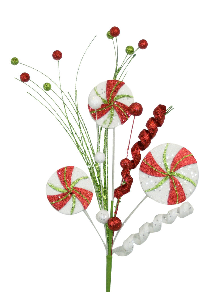 16" Peppermint Pick: Red, Lime, White - 82948SP16 - White Bayou Wreaths & Supply