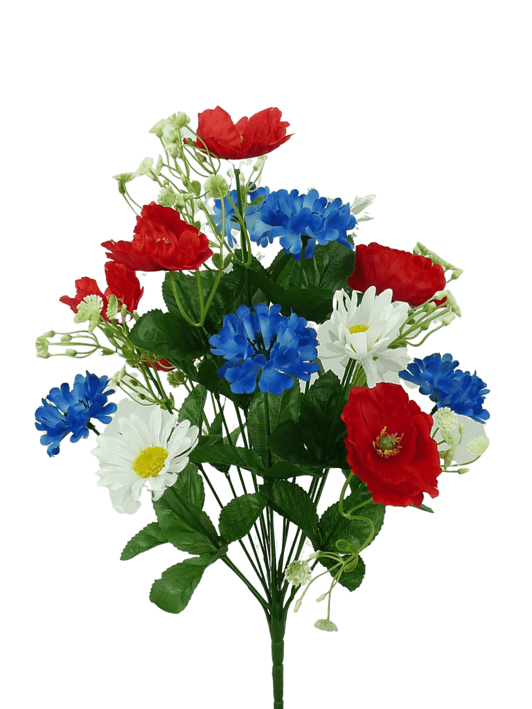 17" Patriotic Poppy, Corn Flower, Daisy Bush x 18: Red, White, Blue - 35082RWB - White Bayou Wreaths & Supply