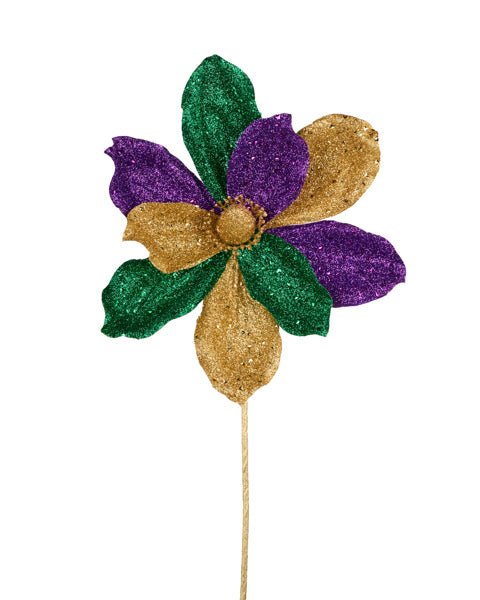 17"L Glitter/Fabric Magnolia Stem: Mardi Gras - HG3315 - White Bayou Wreaths & Supply