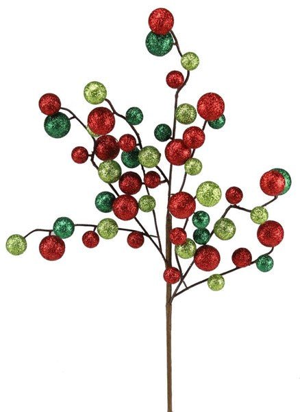 17"L Round Mixed Glitter Ball Pick: Red, Emerald, Lime - XP3796A3 - White Bayou Wreaths & Supply