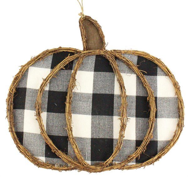 17"L x 15.75"H Vine / Fabric Pumpkin: Black, White, Natural - KG3054 - White Bayou Wreaths & Supply