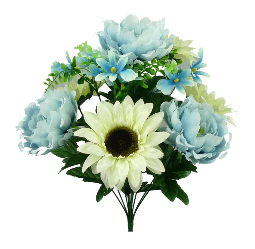 18" Colorfast Peony Sunflower Bush: Blue, Beige - 56612BLBE - White Bayou Wreaths & Supply