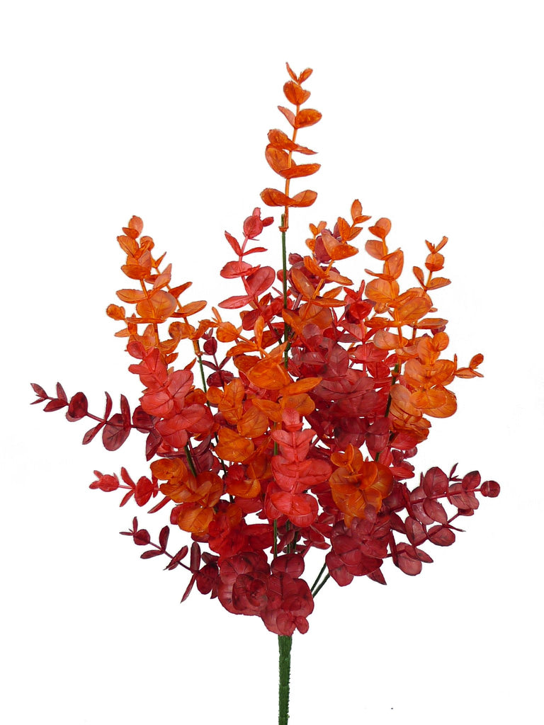 18" Plastic Eucalyptus Bush (7 Stems): Orange, Red - 56636ORRD - White Bayou Wreaths & Supply