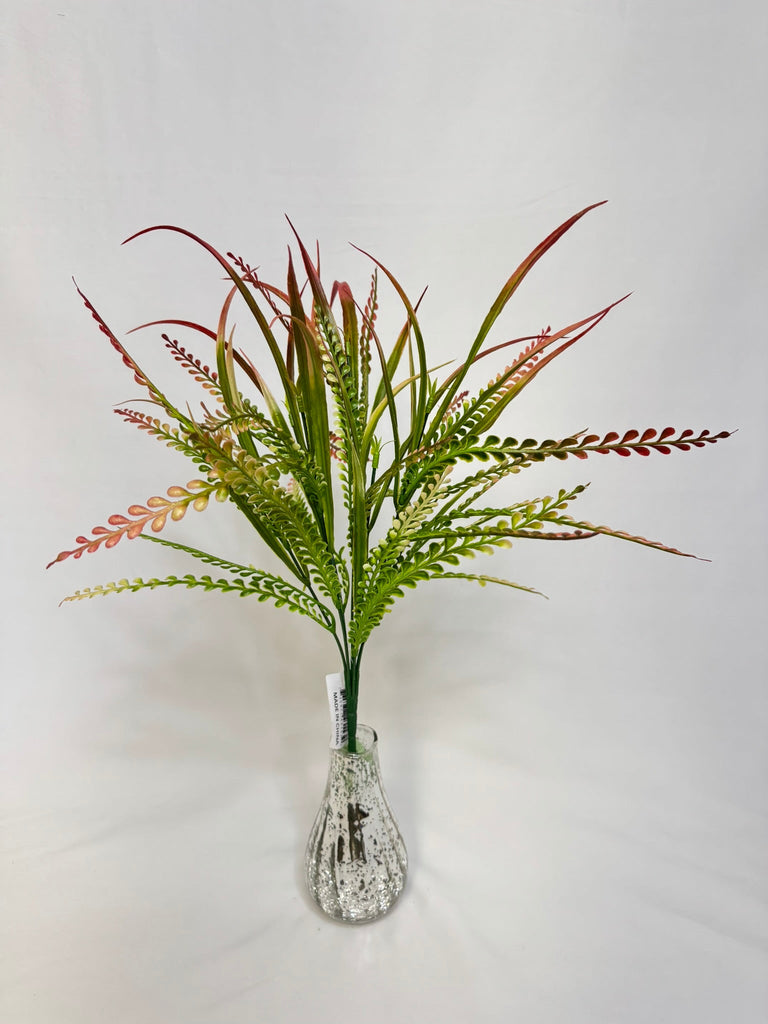 19" Plastic Mixed Fern & Beaded Grass Bush: Green, Red/Pink Tips - 43153 - White Bayou Wreaths & Supply