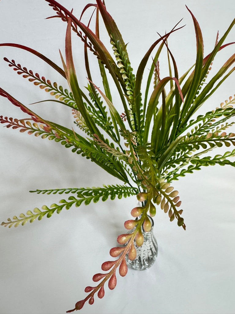 19" Plastic Mixed Fern & Beaded Grass Bush: Green, Red/Pink Tips - 43153 - White Bayou Wreaths & Supply