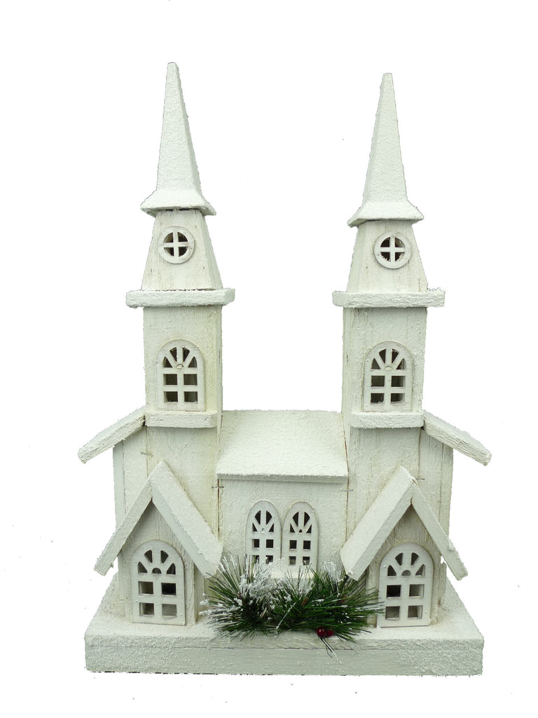 19.5"H x 12.5"W x 4 Wooden Church w/ 15 LED Lights: White - 84429WT - White Bayou Wreaths & Supply