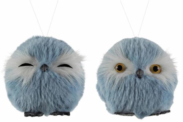 2 Assorted 3" Diameter Faux Fur Owl Ornaments: Blue, White - MS1649 - White Bayou Wreaths & Supply