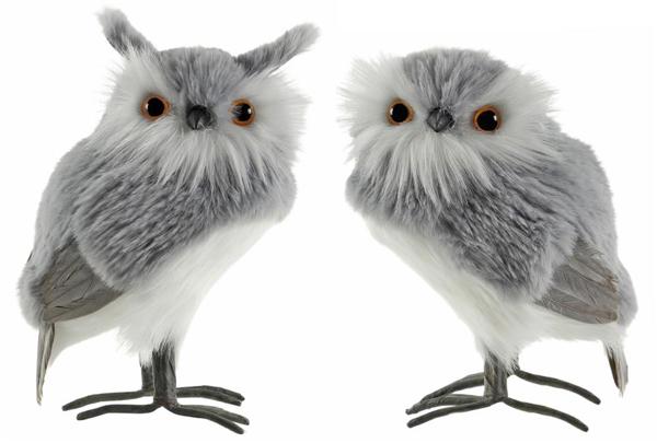 2 Assorted 6.25" - 7"H Faux Fur Standing Owl: Grey, White - TT8231 - White Bayou Wreaths & Supply
