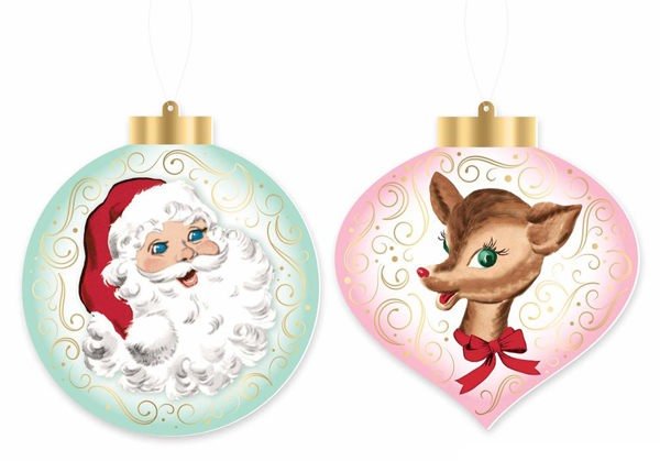 2 Assorted Double - Sided Retro Santa/Deer Ornament - XJ0049 - White Bayou Wreaths & Supply