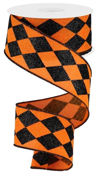 2" Glitter Harlequin Check: Orange, Black (10 Yards) RGA149920 - White Bayou Wreaths & Supply