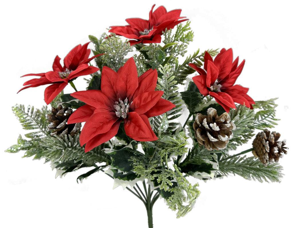 20" Snowy Poinsettia, Pinecone Bush (12 Stems): Red - 86153RD - White Bayou Wreaths & Supply