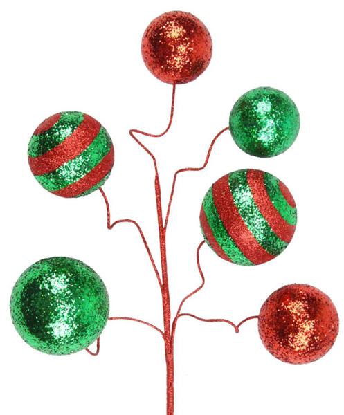 20"L Stripe / Solid Glitter Ball Pick: Red, Emerald Green - XS997962 - White Bayou Wreaths & Supply