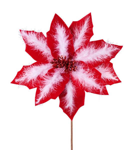 20"L Velvet/Feather Poinsettia Stem: Red, White - XS413130 - White Bayou Wreaths & Supply