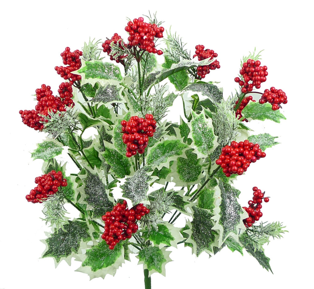 21" Frosted Holly Berry Bush: Variegated - 83203WT - White Bayou Wreaths & Supply