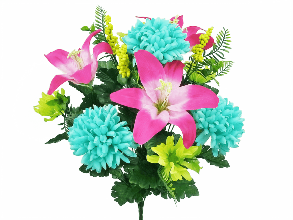 21' Tiger Lily Mum Bush: Aqua Blue, Fuchsia - 30559AQBT - White Bayou Wreaths & Supply