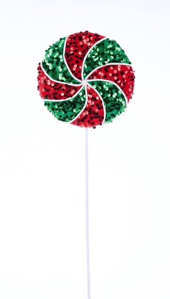 21.5"L x 6" Dia Sequin Peppermint Lollipop: Red, Emerald, White - XC1136AR - White Bayou Wreaths & Supply