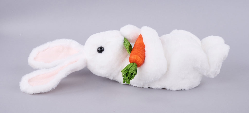 21"L x 6.5"H Faux Fur Laying Rabbit w/ Carrot - HE7348 - White Bayou Wreaths & Supply