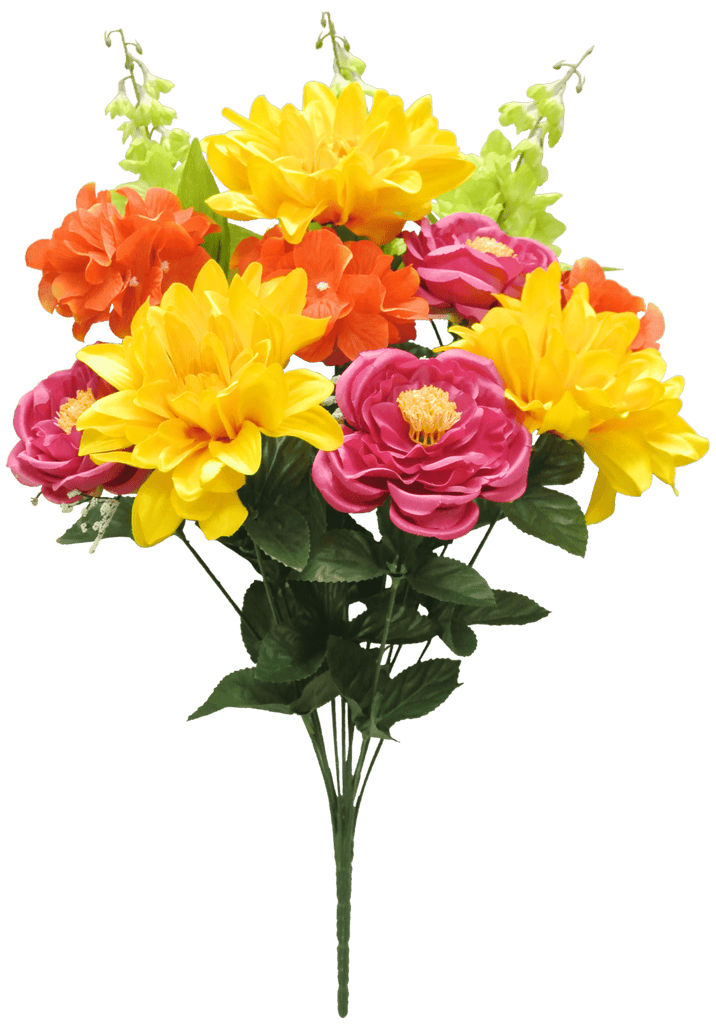 22" Dahlia Ranunculus Spray: Yellow, Orange, Fuchsia - 58282 - YEORBYGN - White Bayou Wreaths & Supply