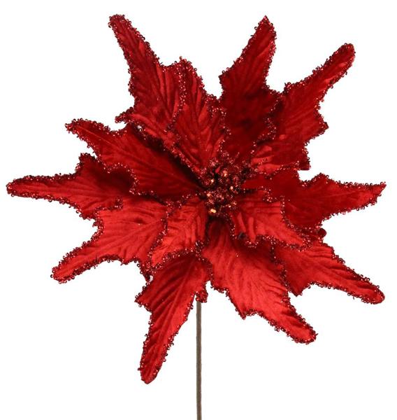 22"L Velvet/Glitter Poinsettia Stem: Red - NF409024 - White Bayou Wreaths & Supply