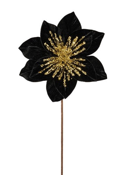 22"L x 11" Dia Velvet/Glitter Poinsettia: Black, Gold - XS401502 - White Bayou Wreaths & Supply