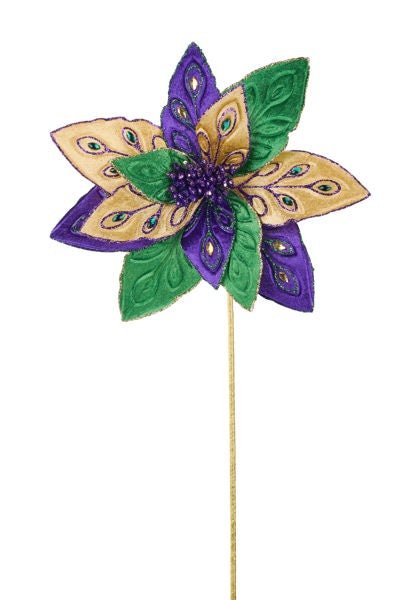 22"L x 11.5" Dia Velvet Poinsettia Stem: Mardi Gras - HG3266 - White Bayou Wreaths & Supply