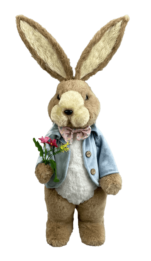 23"H Furry Bunny w/ Sisal Accents, Blue Jacket & Flowers - 63360BOY - White Bayou Wreaths & Supply